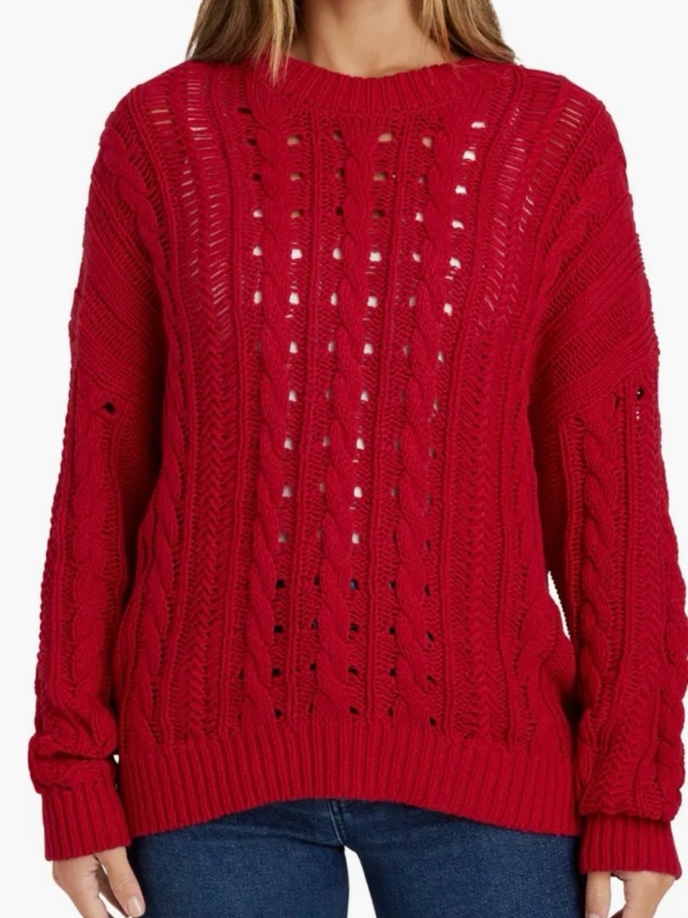 Splendid Martyne Color Ruby Cotton Cable Crewneck Sweater Sizes L & XL